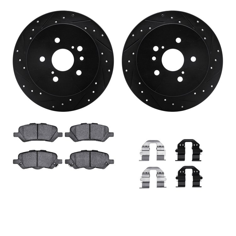 8512-76169 Drilled/Slotted Brake Rotors w/5000 Advanced Brake Pads Kit & Hardware [Black], 2009-2015 Lexus/Toyota/Scion, Positio
