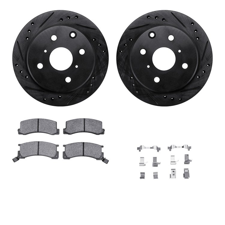 8512-76174 Drilled/Slotted Brake Rotors w/5000 Advanced Brake Pads Kit & Hardware [Black], 1982-1985 Lexus/Toyota/Scion, Positio