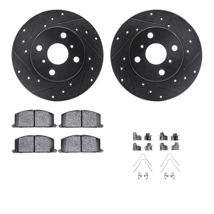 8512-76185 Drilled/Slotted Brake Rotors w/5000 Advanced Brake Pads Kit & Hardware [Black], 1983-1990 Lexus/Toyota/Scion, Positio