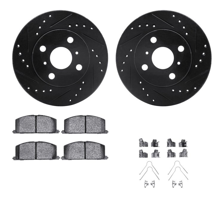 8512-76194 Drilled/Slotted Brake Rotors w/5000 Advanced Brake Pads Kit & Hardware [Black], 1985-1988 Multiple Makes/Models, Posi
