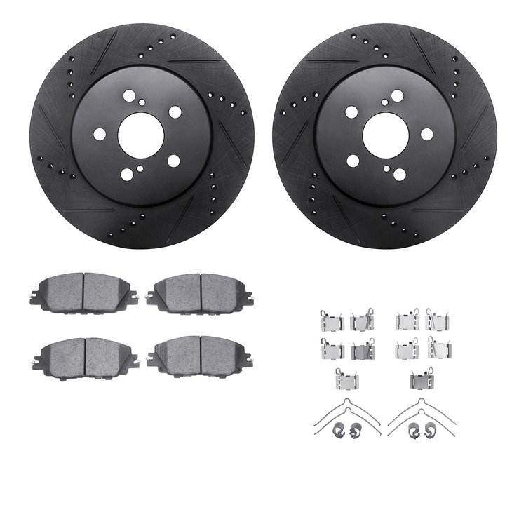 8512-76196 Drilled/Slotted Brake Rotors w/5000 Advanced Brake Pads Kit & Hardware [Black], Fits Select Lexus/Toyota/Scion, Posit