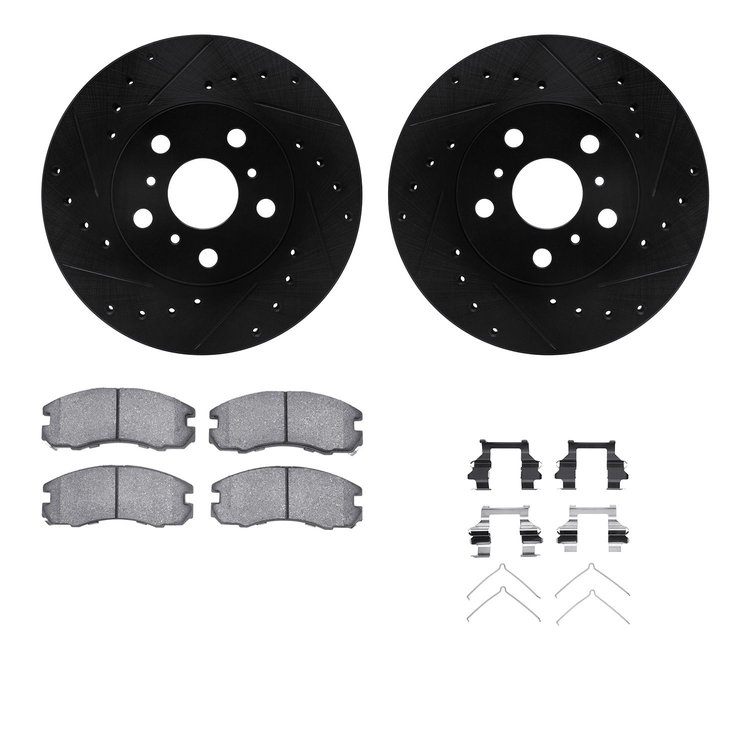 8512-76199 Drilled/Slotted Brake Rotors w/5000 Advanced Brake Pads Kit & Hardware [Black], 1988-1989 Lexus/Toyota/Scion, Positio