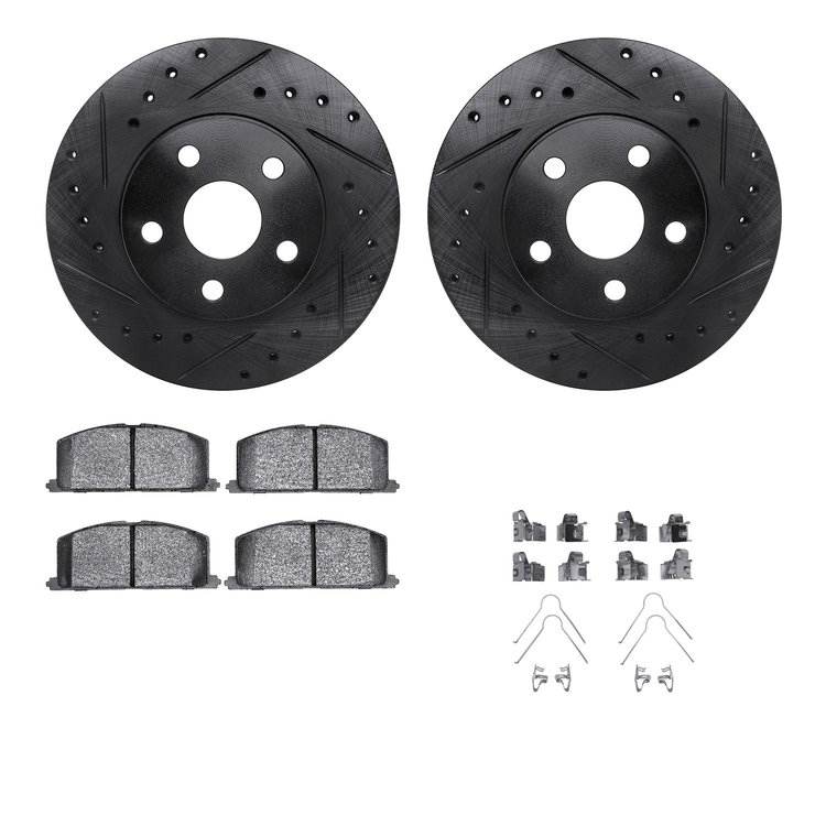 8512-76221 Drilled/Slotted Brake Rotors w/5000 Advanced Brake Pads Kit & Hardware [Black], 1986-1989 Lexus/Toyota/Scion, Positio