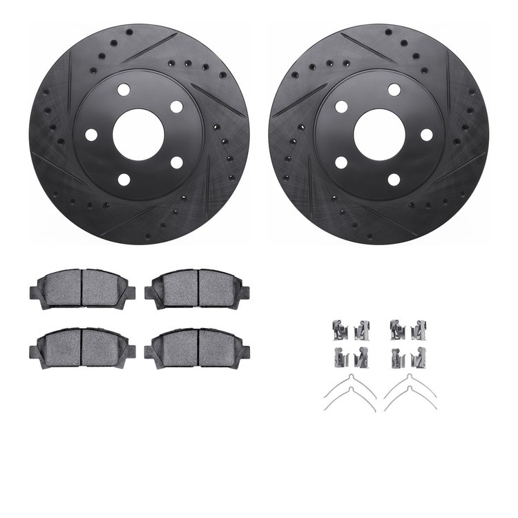 8512-76344 Drilled/Slotted Brake Rotors w/5000 Advanced Brake Pads Kit & Hardware [Black], 1992-1995 Lexus/Toyota/Scion, Positio