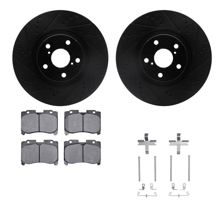 8512-76380 Drilled/Slotted Brake Rotors w/5000 Advanced Brake Pads Kit & Hardware [Black], 1993-1998 Lexus/Toyota/Scion, Positio