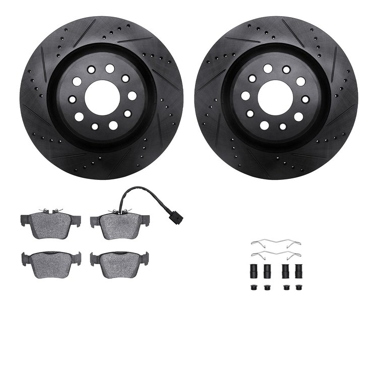 8512-79001 Drilled/Slotted Brake Rotors w/5000 Advanced Brake Pads Kit & Hardware [Black], Fits Select Maserati, Position: Rear