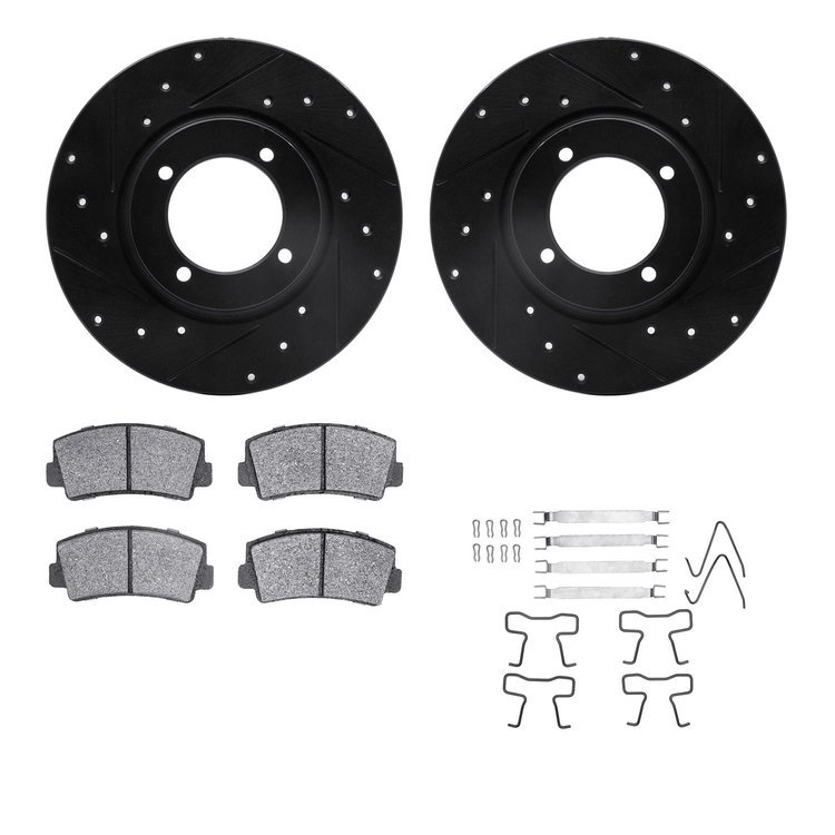 8512-80004 Drilled/Slotted Brake Rotors w/5000 Advanced Brake Pads Kit & Hardware [Black], 1974-1984 Ford/Lincoln/Mercury/Mazda,