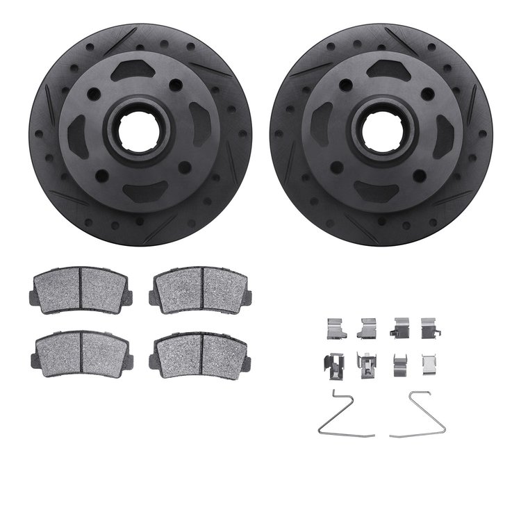 8512-80005 Drilled/Slotted Brake Rotors w/5000 Advanced Brake Pads Kit & Hardware [Black], 1984-1985 Ford/Lincoln/Mercury/Mazda,