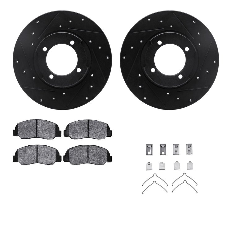8512-80011 Drilled/Slotted Brake Rotors w/5000 Advanced Brake Pads Kit & Hardware [Black], 1982-1984 Ford/Lincoln/Mercury/Mazda,