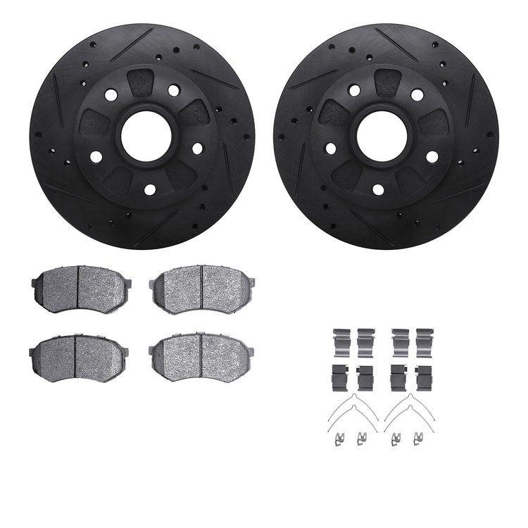 8512-80013 Drilled/Slotted Brake Rotors w/5000 Advanced Brake Pads Kit & Hardware [Black], 1988-1991 Ford/Lincoln/Mercury/Mazda,