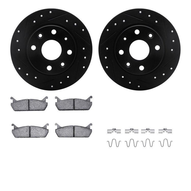 8512-80016 Drilled/Slotted Brake Rotors w/5000 Advanced Brake Pads Kit & Hardware [Black], 1990-1993 Ford/Lincoln/Mercury/Mazda,