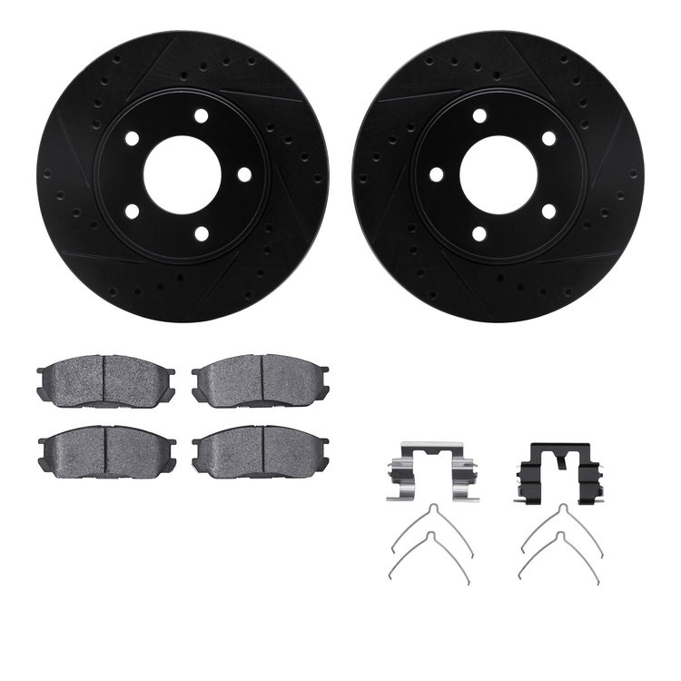 8512-80019 Drilled/Slotted Brake Rotors w/5000 Advanced Brake Pads Kit & Hardware [Black], 1992-1995 Ford/Lincoln/Mercury/Mazda,