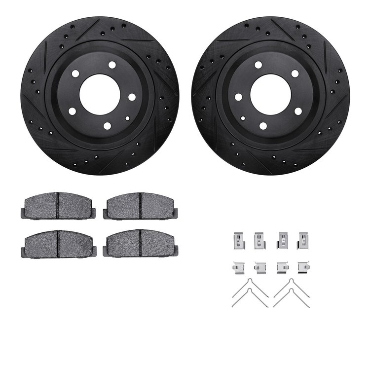 8512-80024 Drilled/Slotted Brake Rotors w/5000 Advanced Brake Pads Kit & Hardware [Black], 1993-1995 Ford/Lincoln/Mercury/Mazda,