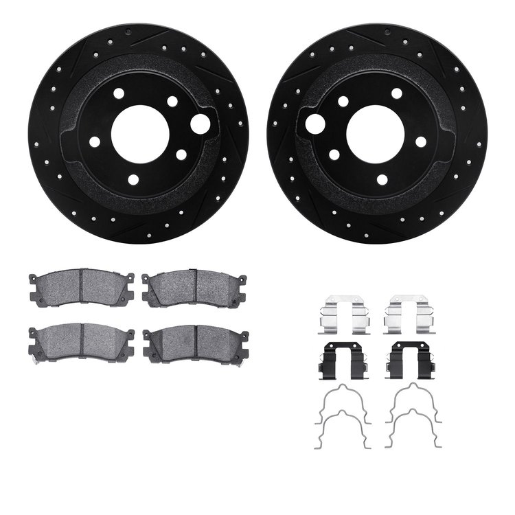 8512-80025 Drilled/Slotted Brake Rotors w/5000 Advanced Brake Pads Kit & Hardware [Black], 1995-2002 Ford/Lincoln/Mercury/Mazda,