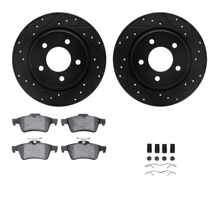 8512-80033 Drilled/Slotted Brake Rotors w/5000 Advanced Brake Pads Kit & Hardware [Black], 2004-2013 Ford/Lincoln/Mercury/Mazda,