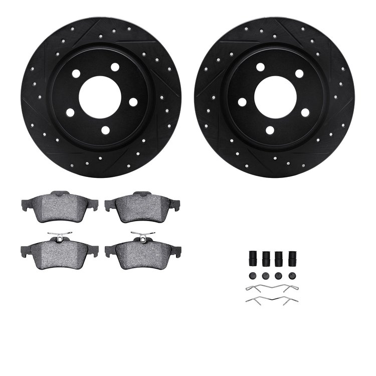 8512-80034 Drilled/Slotted Brake Rotors w/5000 Advanced Brake Pads Kit & Hardware [Black], 2007-2013 Ford/Lincoln/Mercury/Mazda,