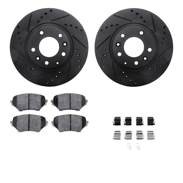 8512-80041 Drilled/Slotted Brake Rotors w/5000 Advanced Brake Pads Kit & Hardware [Black], 2006-2015 Ford/Lincoln/Mercury/Mazda,