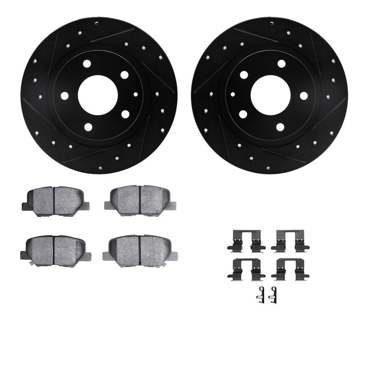 8512-80046 Drilled/Slotted Brake Rotors w/5000 Advanced Brake Pads Kit & Hardware [Black], 2014-2015 Ford/Lincoln/Mercury/Mazda,