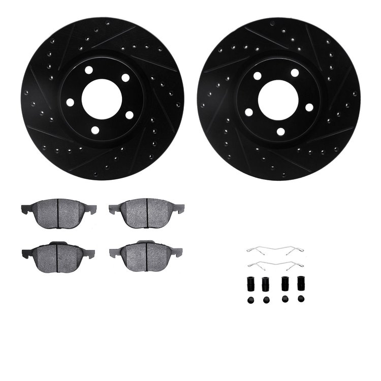 8512-80059 Drilled/Slotted Brake Rotors w/5000 Advanced Brake Pads Kit & Hardware [Black], 2004-2015 Ford/Lincoln/Mercury/Mazda,