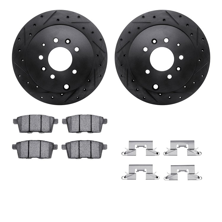8512-80069 Drilled/Slotted Brake Rotors w/5000 Advanced Brake Pads Kit & Hardware [Black], 2007-2012 Ford/Lincoln/Mercury/Mazda,