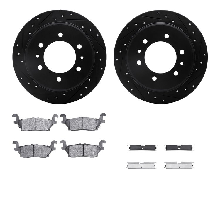 8512-93002 Drilled/Slotted Brake Rotors w/5000 Advanced Brake Pads Kit & Hardware [Black], 2006-2010 GM, Position: Rear