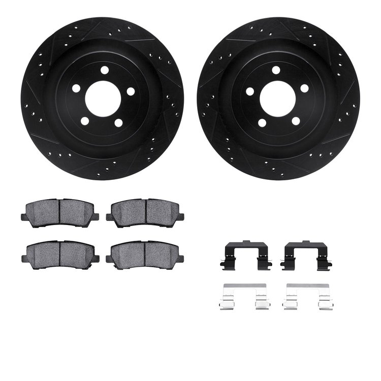 8512-99140 Drilled/Slotted Brake Rotors w/5000 Advanced Brake Pads Kit & Hardware [Black], Fits Select Ford/Lincoln/Mercury/Mazd