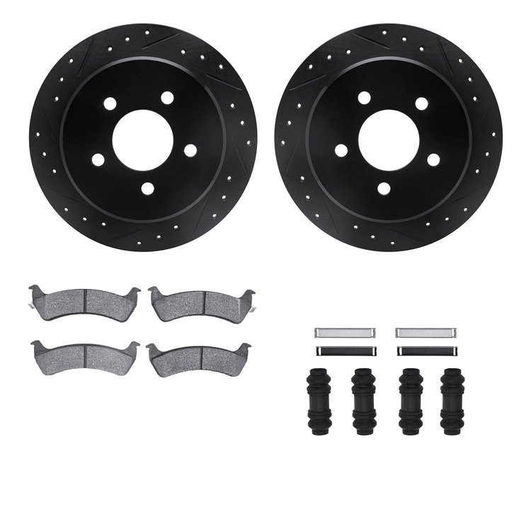 8512-99357 Drilled/Slotted Brake Rotors w/5000 Advanced Brake Pads Kit & Hardware [Black], 2001-2002 Ford/Lincoln/Mercury/Mazda,