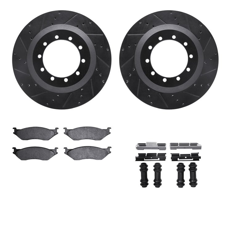8512-99414 Drilled/Slotted Brake Rotors w/5000 Advanced Brake Pads Kit & Hardware [Black], 1999-2004 Ford/Lincoln/Mercury/Mazda,