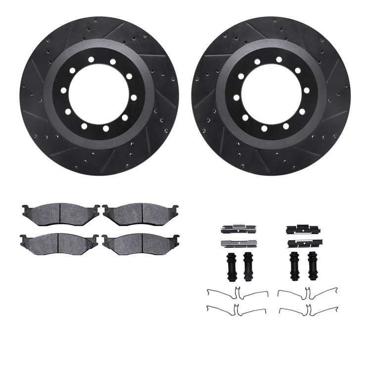 8512-99415 Drilled/Slotted Brake Rotors w/5000 Advanced Brake Pads Kit & Hardware [Black], 2006-2019 Ford/Lincoln/Mercury/Mazda,