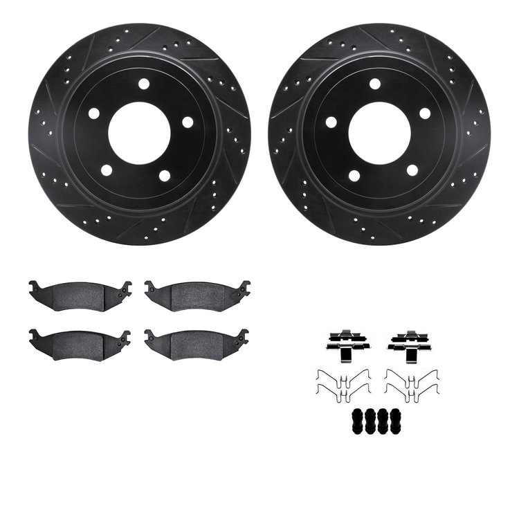8512-99549 Drilled/Slotted Brake Rotors w/5000 Advanced Brake Pads Kit & Hardware [Black], 2004-2006 Ford/Lincoln/Mercury/Mazda,