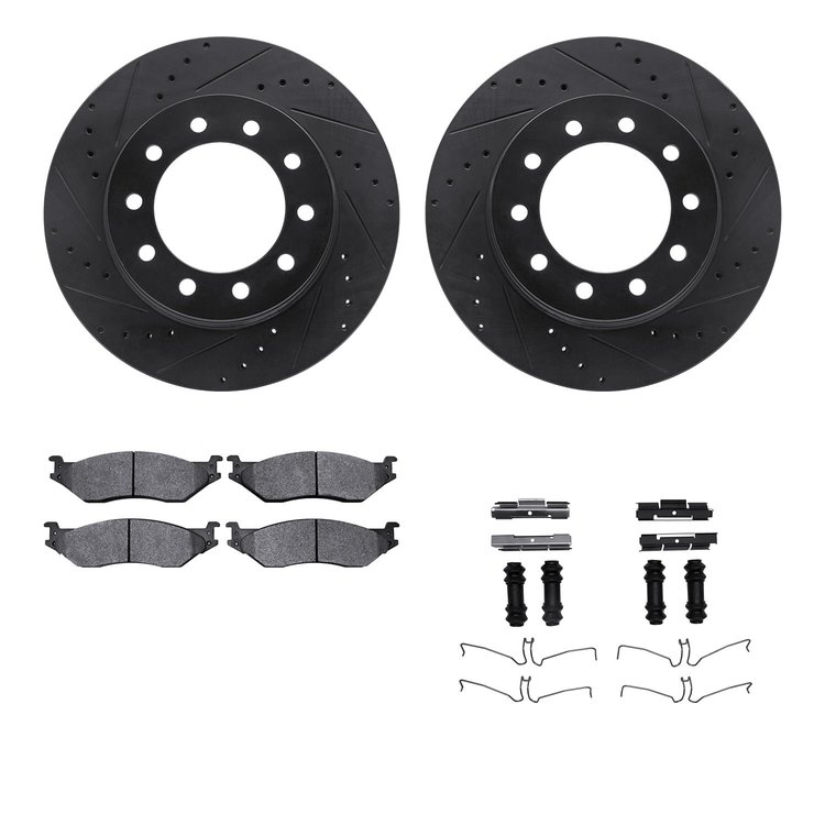 8512-99573 Drilled/Slotted Brake Rotors w/5000 Advanced Brake Pads Kit & Hardware [Black], 2005-2016 Ford/Lincoln/Mercury/Mazda,