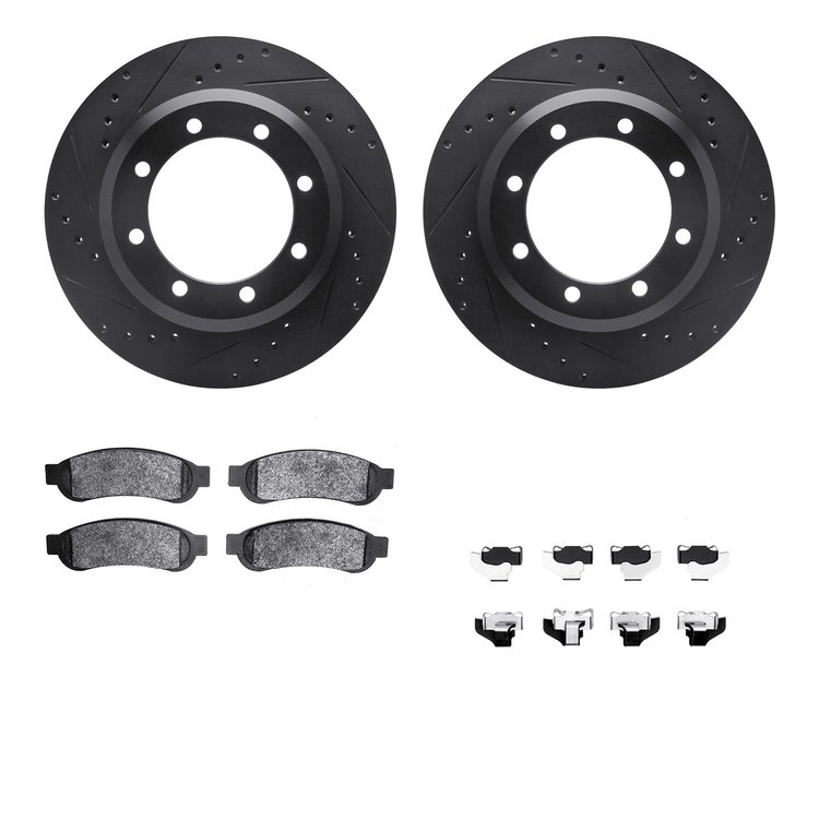 8512-99592 Drilled/Slotted Brake Rotors w/5000 Advanced Brake Pads Kit & Hardware [Black], 2010-2012 Ford/Lincoln/Mercury/Mazda,