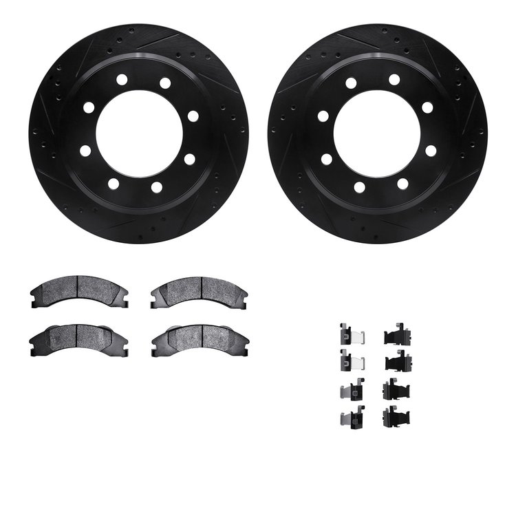 8512-99633 Drilled/Slotted Brake Rotors w/5000 Advanced Brake Pads Kit & Hardware [Black], Fits Select Ford/Lincoln/Mercury/Mazd