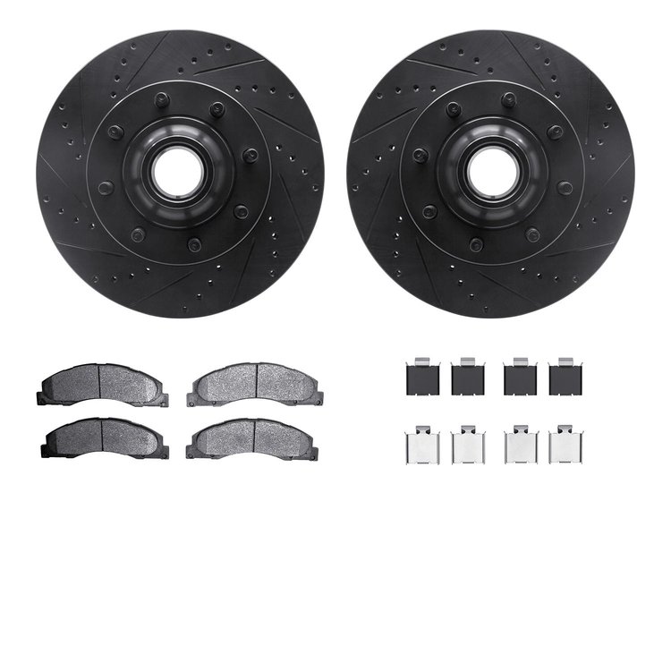 8512-99636 Drilled/Slotted Brake Rotors w/5000 Advanced Brake Pads Kit & Hardware [Black], Fits Select Ford/Lincoln/Mercury/Mazd