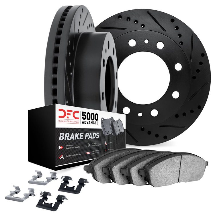 8512-99642 Drilled/Slotted Brake Rotors w/5000 Advanced Brake Pads Kit & Hardware [Black], Fits Select Ford/Lincoln/Mercury/Mazd