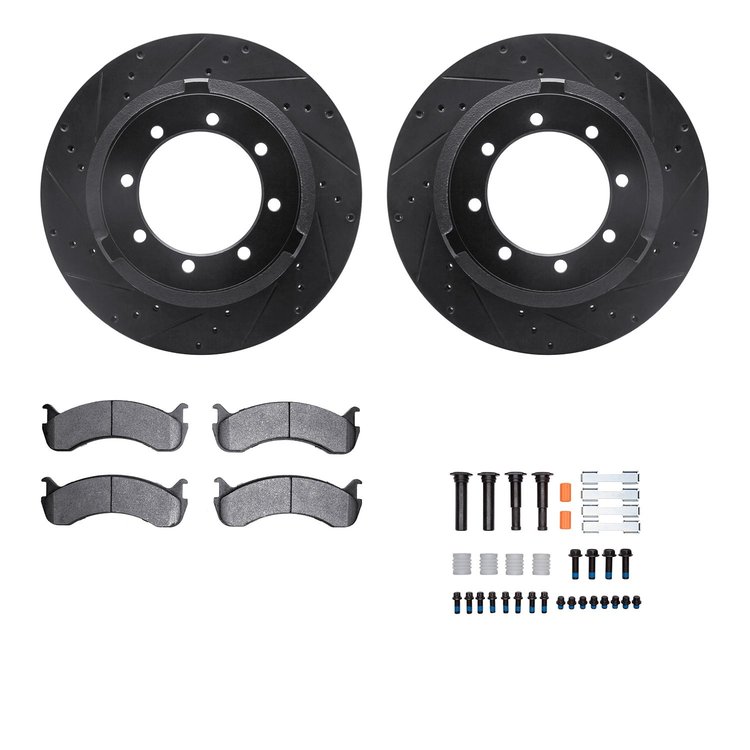 8512-99735 Drilled/Slotted Brake Rotors w/5000 Advanced Brake Pads Kit & Hardware [Black], Fits Select Ford/Lincoln/Mercury/Mazd