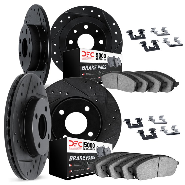 8514-03066 Drilled/Slotted Brake Rotors w/5000 Advanced Brake Pads Kit & Hardware [Black], 2013-2015 Mopar, Position: Front and 