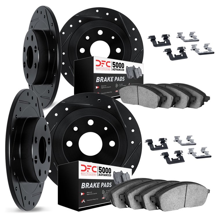 8514-07010 Drilled/Slotted Brake Rotors w/5000 Advanced Brake Pads Kit & Hardware [Black], 1968-1983 Mopar, Position: Front and 