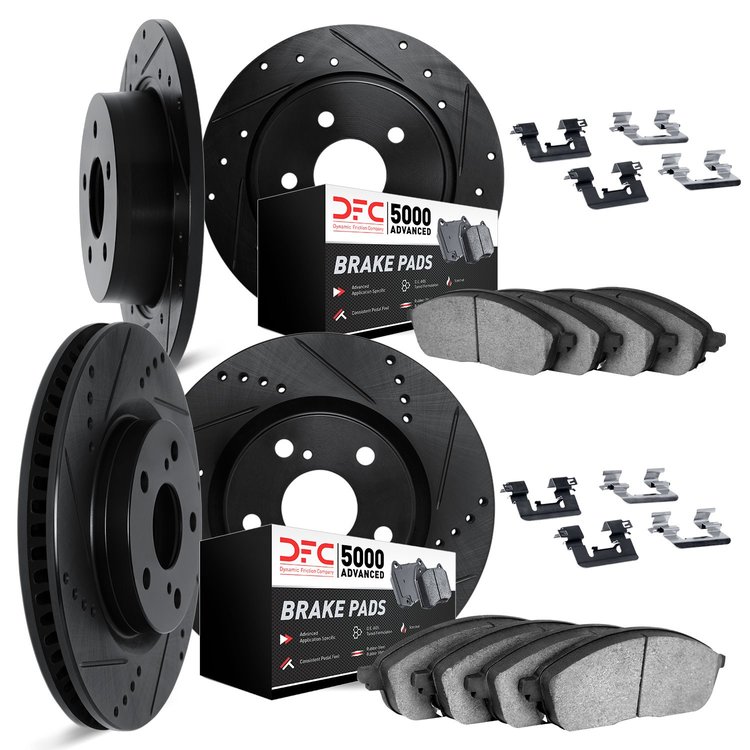 8514-11000 Drilled/Slotted Brake Rotors w/5000 Advanced Brake Pads Kit & Hardware [Black], 1994-2002 Land Rover, Position: Front