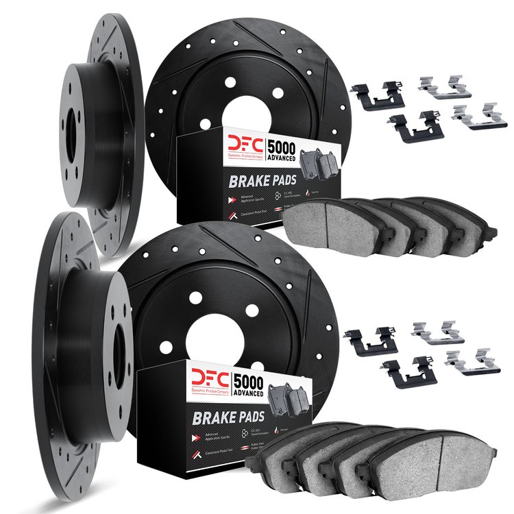 8514-11004 Drilled/Slotted Brake Rotors w/5000 Advanced Brake Pads Kit & Hardware [Black], 1994-1999 Land Rover, Position: Front