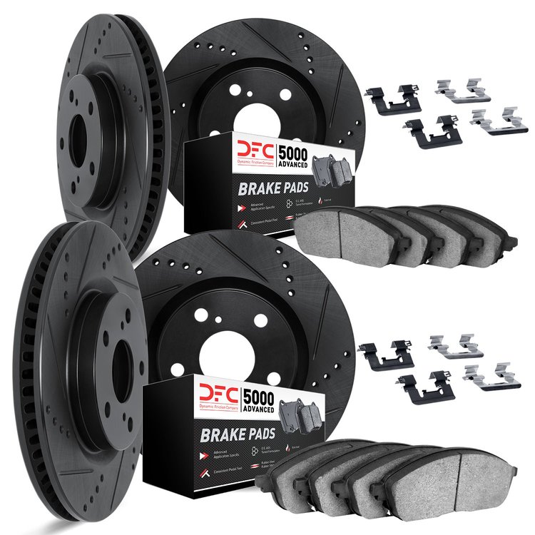 8514-20002 Drilled/Slotted Brake Rotors w/5000 Advanced Brake Pads Kit & Hardware [Black], 1998-2003 Jaguar, Position: Front and