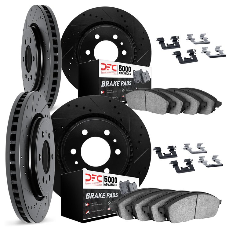 8514-40261 Drilled/Slotted Brake Rotors w/5000 Advanced Brake Pads Kit & Hardware [Black], 2007-2018 Multiple Makes/Models, Posi