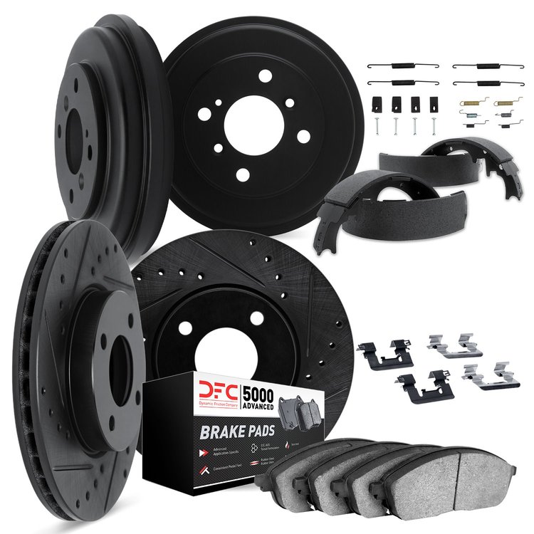 8514-41007 Drilled/Slotted Brake Rotors w/5000 Advanced Brake Pads/Drums/Shoes & Hardware Kit [Black], 1988-1989 Mopar, Position