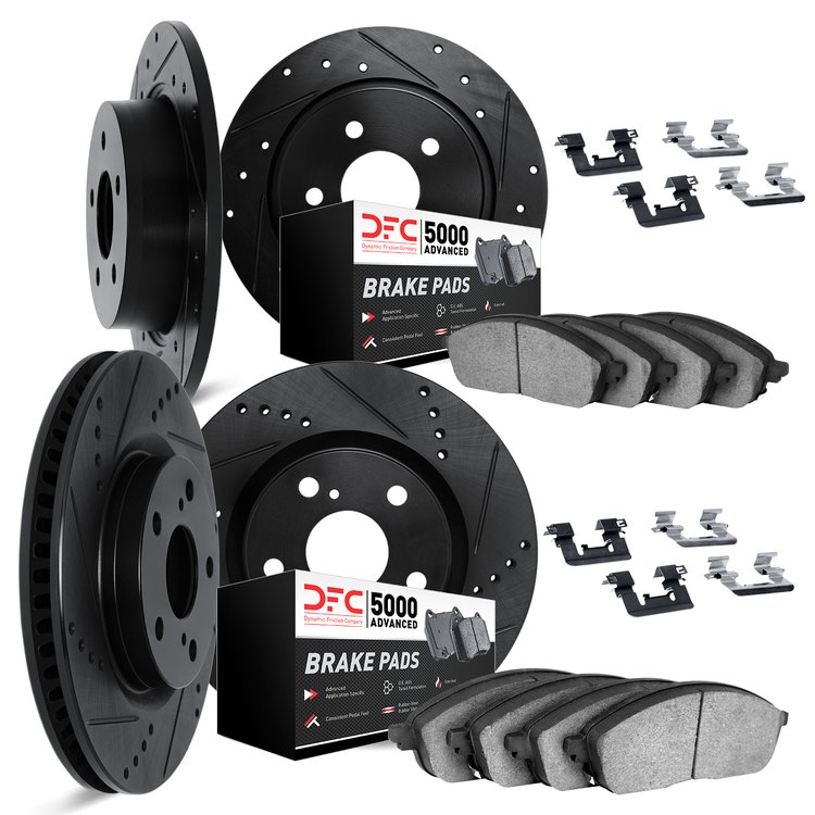 8514-42001 Drilled/Slotted Brake Rotors w/5000 Advanced Brake Pads Kit & Hardware [Black], 1993-1993 Mopar, Position: Front and 