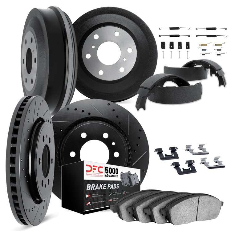 8514-47206 Drilled/Slotted Brake Rotors w/5000 Advanced Brake Pads/Drums/Shoes & Hardware Kit [Black], 1988-2000 GM, Position: F