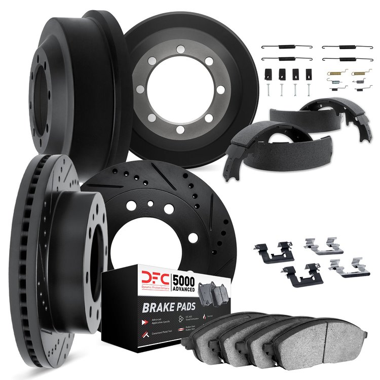 8514-47237 Drilled/Slotted Brake Rotors w/5000 Advanced Brake Pads/Drums/Shoes & Hardware Kit [Black], 1985-2005 Multiple Makes/