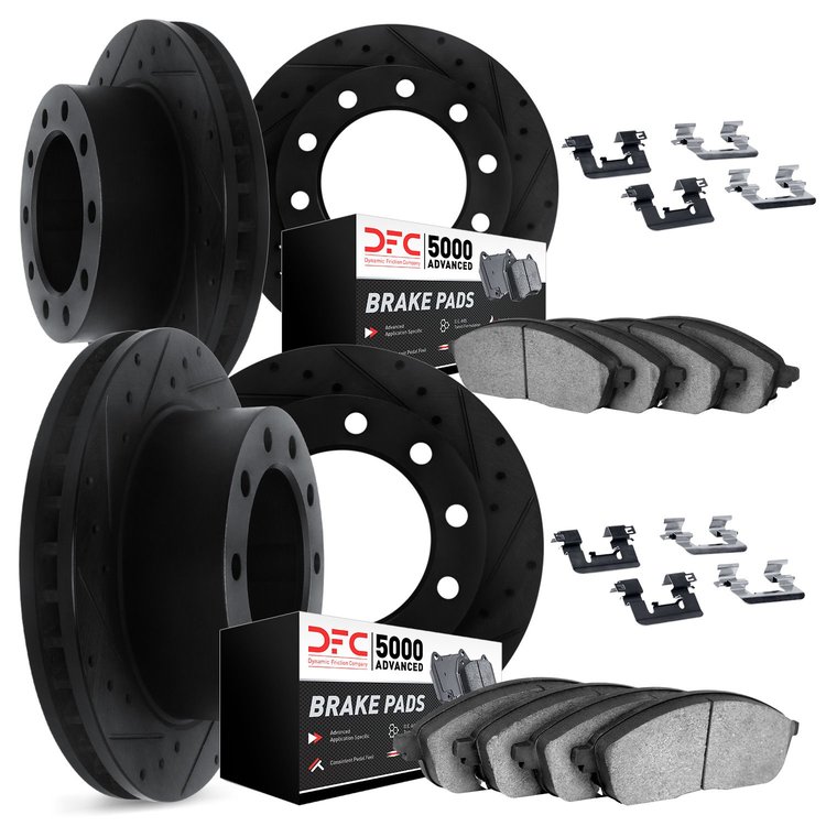 8514-48009 Drilled/Slotted Brake Rotors w/5000 Advanced Brake Pads Kit & Hardware [Black], 1997-2005 Multiple Makes/Models, Posi