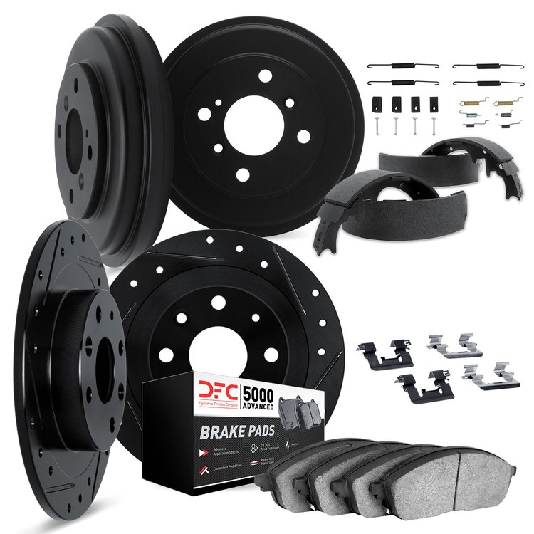 8514-72012 Drilled/Slotted Brake Rotors w/5000 Advanced Brake Pads/Drums/Shoes & Hardware Kit [Black], 1995-1996 Mopar, Position