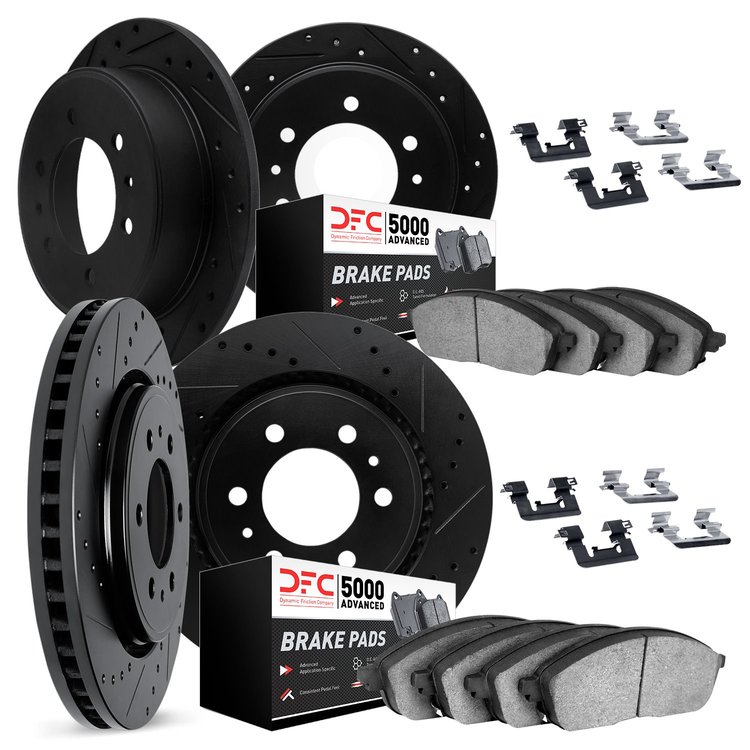 8514-72024 Drilled/Slotted Brake Rotors w/5000 Advanced Brake Pads Kit & Hardware [Black], 2000-2004 Mitsubishi, Position: Front