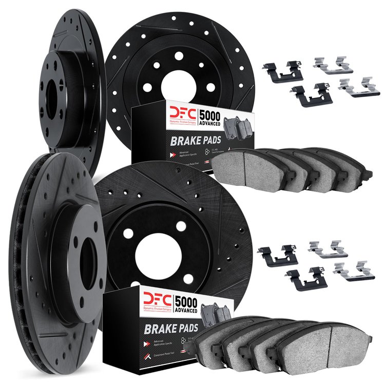 8514-72045 Drilled/Slotted Brake Rotors w/5000 Advanced Brake Pads Kit & Hardware [Black], 1991-1991 Mitsubishi, Position: Front